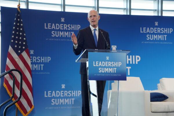 Sen. Rick Scott (R-Fla.) speaks at the Heritage Foundation's Leadership Summit in National Harbor, Md., on April 20, 2023. (Terri Wu/The Epoch Times)