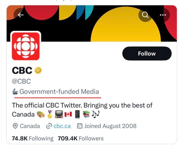CBC's Twitter profile before the "Government-funded" label was removed. (Screenshot via The Epoch Times)
