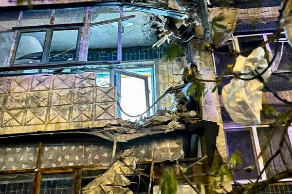 Damage to an apartment building after an explosion in Belgorod, Russia, on April 21, 2023. (Telegram Channel of Belgorod Region Governor Vyacheslav Gladkov via AP)
