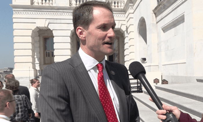Rep. Jim Himes (D-Conn.) speaks with a reporter on Capitol Hill on April 20, 2023. (Courtesy NTD)