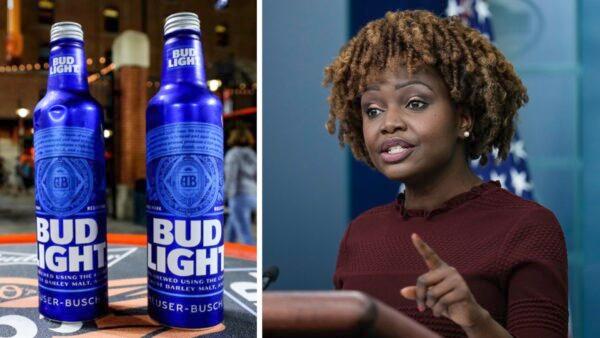 (Left) Bud Light beer cans sit on a table at Oriole Park at Camden Yards in Baltimore, Md., on Sept. 19, 2019. (Rob Carr/Getty Images); (Right) White House press secretary Karine Jean-Pierre at the White House in Washington on April 20, 2023. (Drew Angerer/Getty Images)