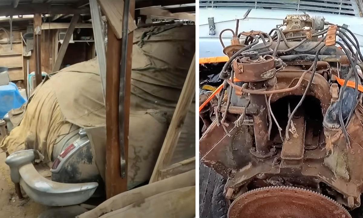 (Left) Walt's 1946 Cadillac had been sitting idle for 50 years. (Right) The Cadillac's engine was frozen and Harry had to replace it. (Courtesy of Jerry Heasley)