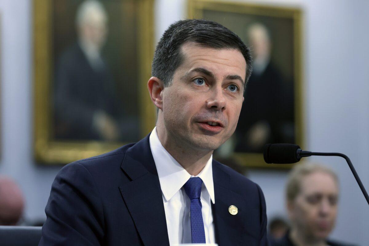 Secretary of Transportation Pete Buttigieg testifies during a hearing before the Transportation, Housing and Urban Development, and Related Agencies Subcommittee of House Appropriations Committee at Rayburn House Office on Capitol Hill in Washington on April 20, 2023. (Alex Wong/Getty Images)
