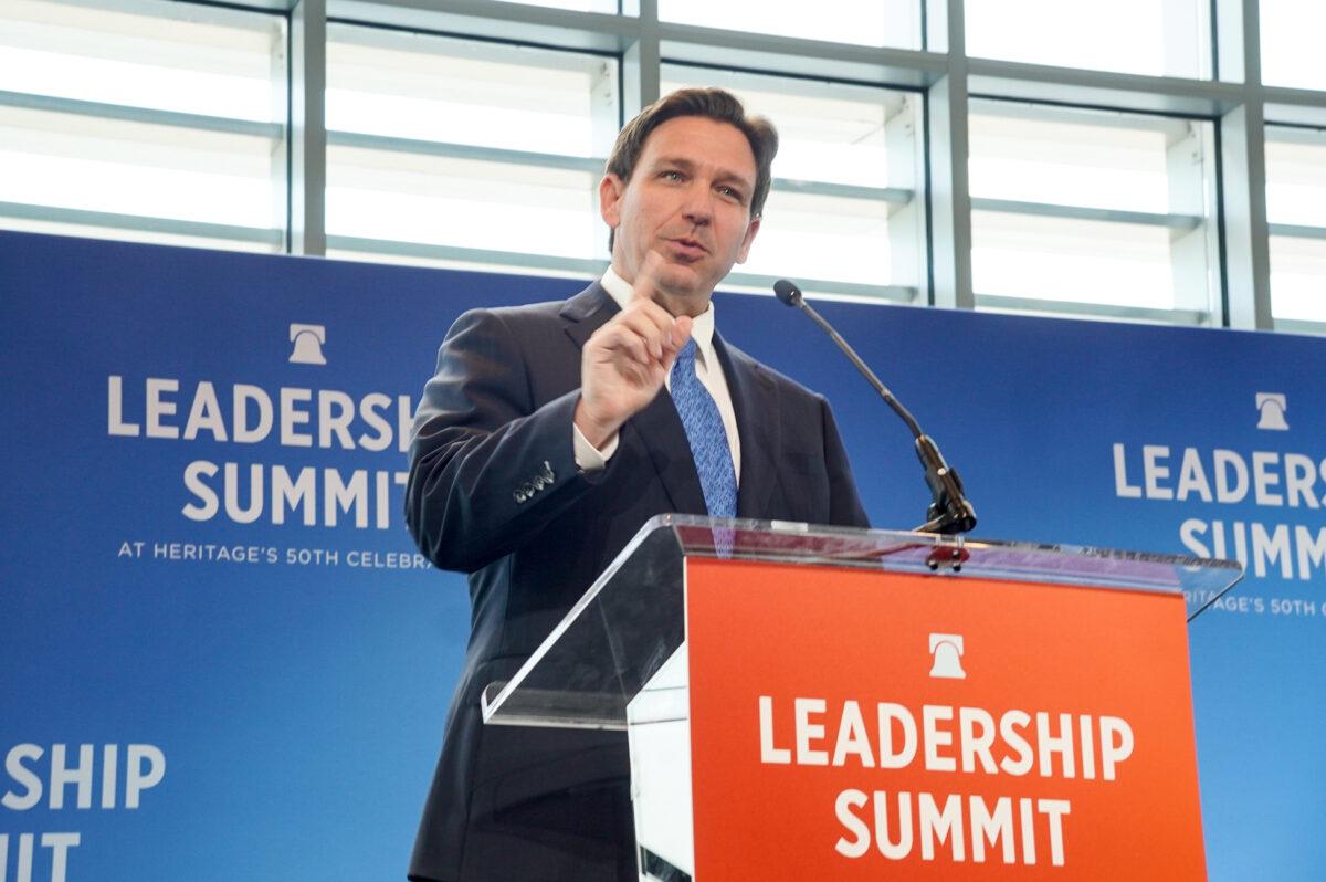 Florida Gov. Ron DeSantis speaks at the Heritage Foundation's Leadership Summit in National Harbor, Md., on April 20, 2023. (Terri Wu/The Epoch Times)