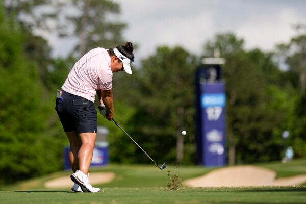 Megan Khang hits her tee shot on the 17th hole during the second round of the Chevron Championship women's golf tournament at The Club at Carlton Woods in The Woodlands, Texas, on April 21, 2023. (David J. Phillip/AP Photo)
