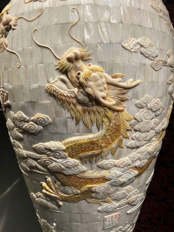 A close-up of a dragon vase carved from shells. (Courtesy of Karen Gough)