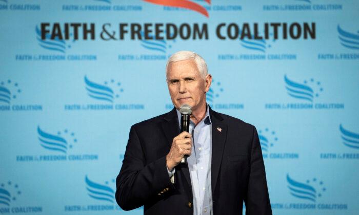 Former Vice President Mike Pence speaks at the Iowa Faith & Freedom Coalition in Clive, on April 22, 2023. (Madalina Vasiliu/The Epoch Times)