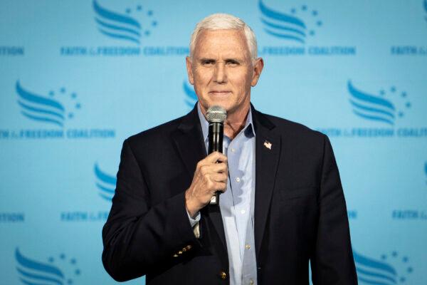 Former Vice President Mike Pence speaks at the Iowa Faith & Freedom Coalition in Clive, Iowa, on April 22, 2023. (Madalina Vasiliu/The Epoch Times)