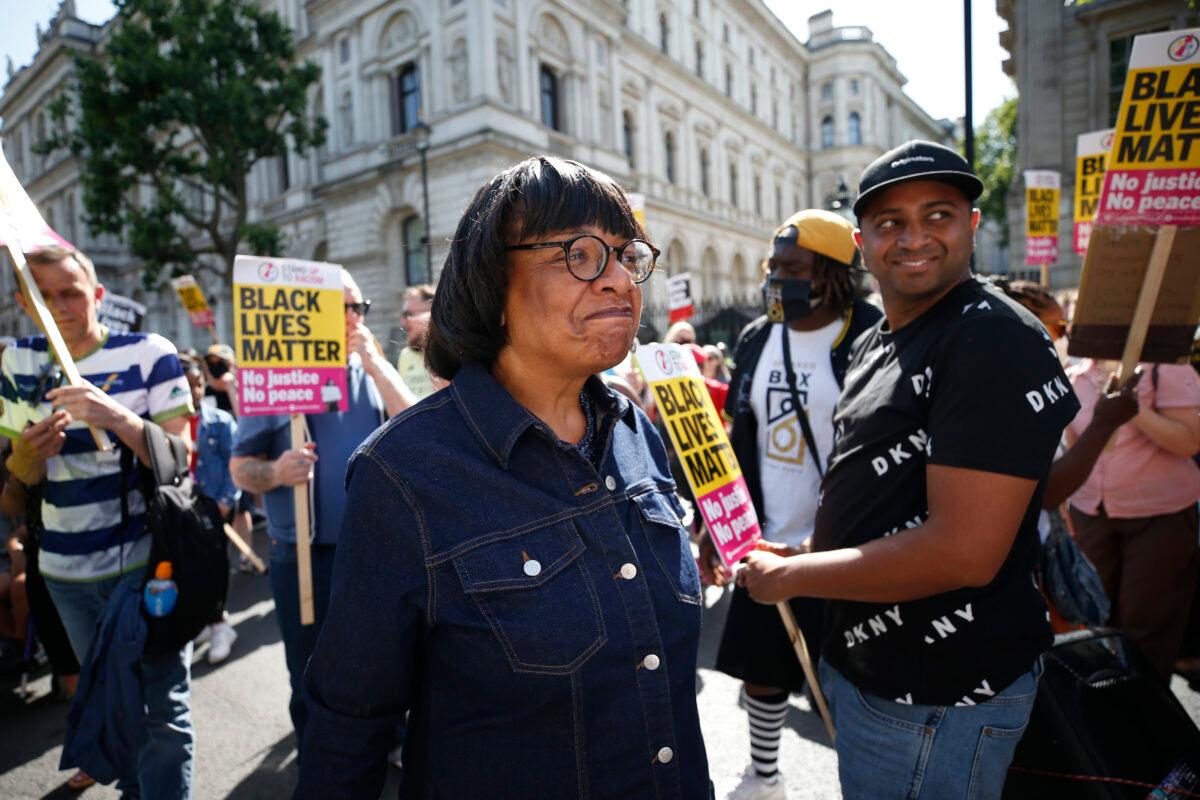 Diane Abbott attends a Stand Up to Racism rally outside Downing Street, London, on July 17, 2021. (Hollie Adams/Getty Images)