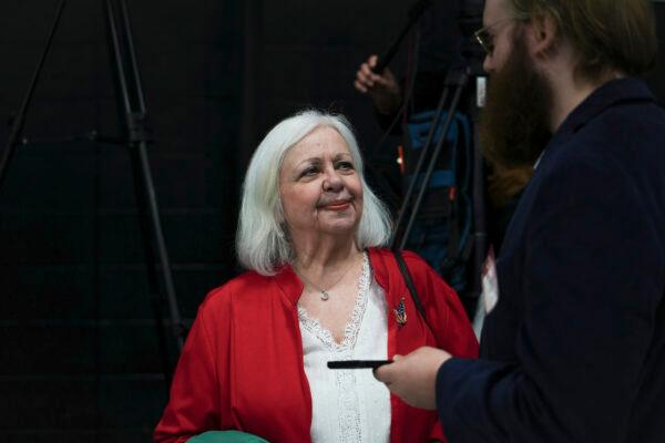 Gloria Mazza speaks with a reporter at the Iowa Faith & Freedom Coalition in Clive, Iowa, on April 22, 2023. (Madalina Vasiliu/The Epoch Times)