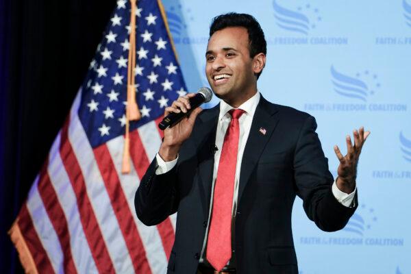 Republican presidential candidate Vivek Ramaswamy speaks at the Iowa Faith & Freedom Coalition in Clive, Iowa, on April 22, 2023. (Madalina Vasiliu/The Epoch Times)