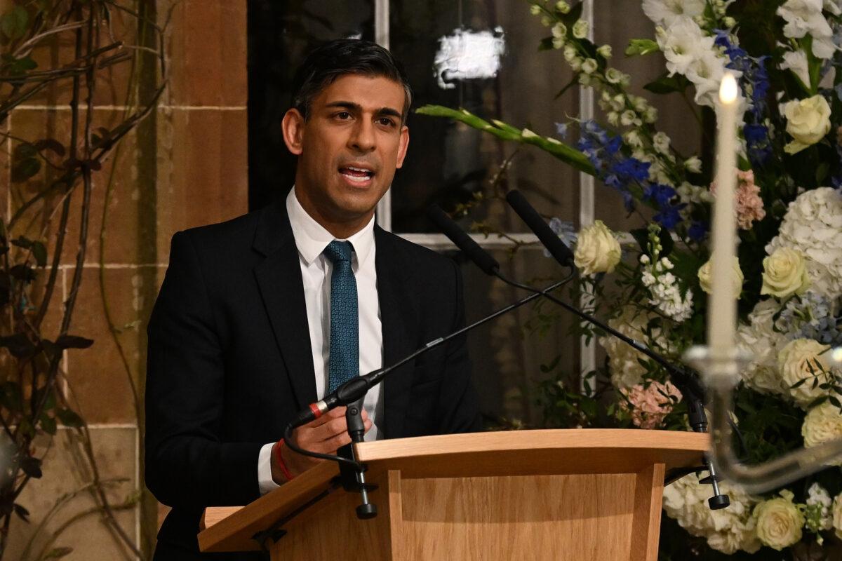 Prime Minister Rishi Sunak delivers a speech during a gala dinner at Hillsborough Castle, Co. Down, Northern Ireland, on April 19, 2023. (Charles McQuillan/PA Media)