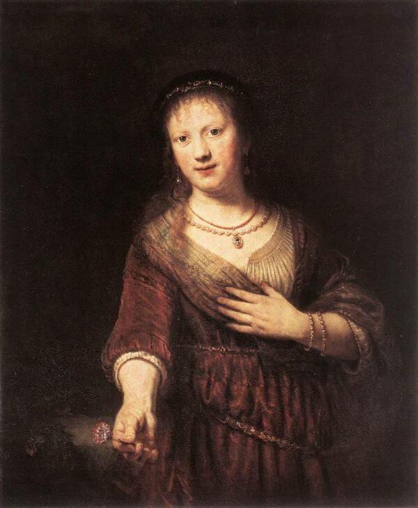 “Saskia With the Red Flower,” 1641, by Rembrandt. Oil on oak; 38 3/4 inches by 32 1/2 inches. Old Masters Picture Gallery, Dresden State Arts Collection. (Public Domain)