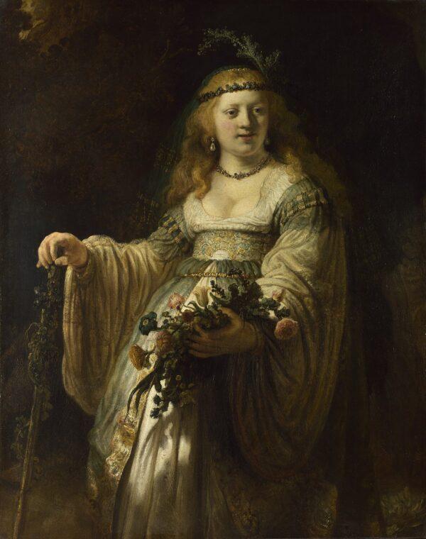 “Saskia van Uylenburgh in Arcadian Costume,” 1635, by Rembrandt. Oil on canvas; 48 3/4 inches by 38 3/8 inches. The National Gallery, London. (Public Domain)