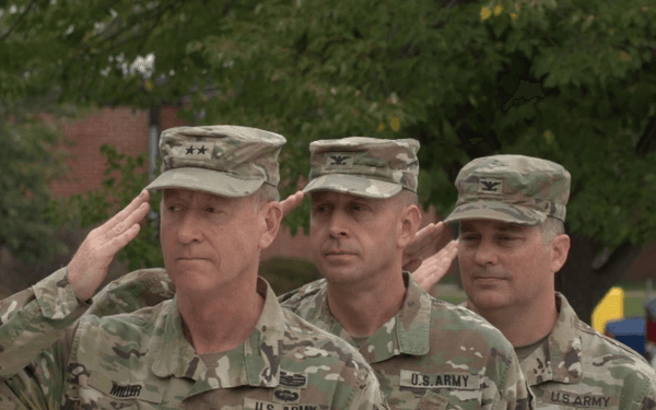 (L to R) Maj. Gen. Brian Miller, commanding general of the 416th Theater Engineer Brigade, Col. Noel Palmer, outgoing commander of the 372nd Engineer Brigade, and Col. Elliot Schroeder, incoming commander of the 372nd Engineer Brigade, salute during a change of command ceremony Sept. 17 on Fort Snelling, Minnesota. (Capt. Floice Kemp/DoD photo)