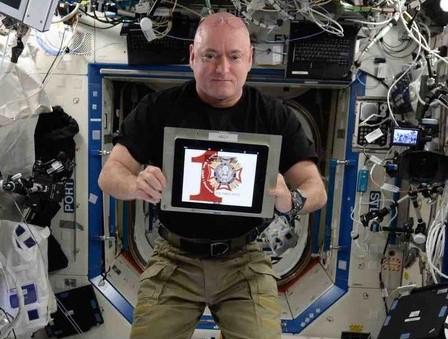 Commander Scott Kelly on the International Space Station during his John S. Stewart VFW Post 1 membership swearing-in ceremony, December 15, 2015. (Courtesy of John S. Stewart VFW Post 1)