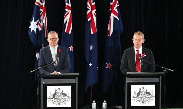 Australian Prime Minister Anthony Albanese (L) and New Zealand Prime Minister Chris Hipkins (R) speak to the media during a press conference at the South Bank Piazza during a visit to Brisbane, Australia, on April 23, 2023. (AAP Image/Darren England)