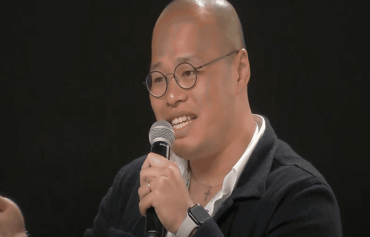 Sebastian Lai, son of jailed Hong Kong journalist Jimmy Lai, speaking at the International Journalism Festival in Perugia, Italy, on April 21, 2023. (Screenshot via The Epoch Times)