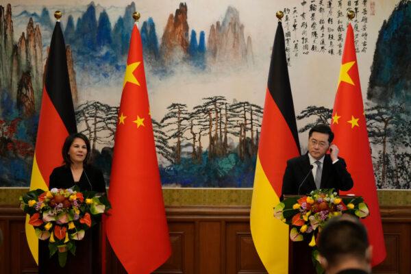 German Foreign Minister Annalena Baerbock and Chinese Foreign Minister Qin Gang attend a joint press conference at the Diaoyutai State Guesthouse in Beijing on April 14, 2023. (Photo by Suo Takekuma/Pool/Getty Images)