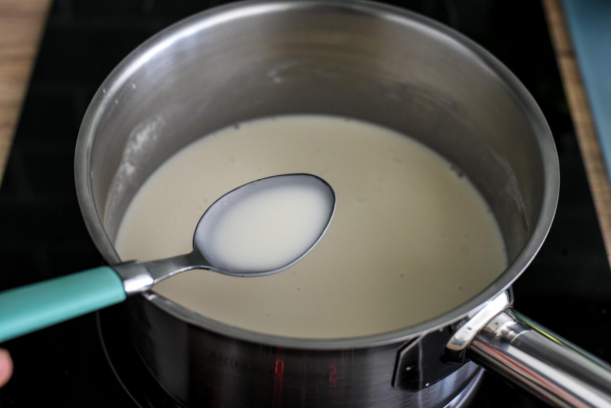 Simmer and whisk until the sugar and gelatin fully dissolve. Remove from the heat for 15 minutes. (Audrey Le Goff)