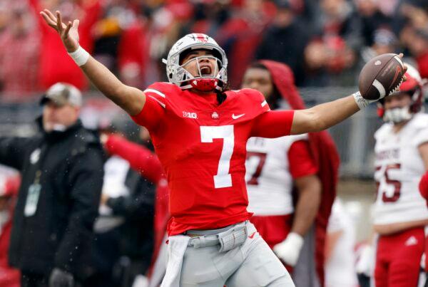 Ohio State quarterback C.J. Stroud celebrates after a long run against Indiana during the second half of an NCAA college football game in Columbus, Ohio, on Nov. 12, 2022. (Paul Vernon/AP Photo)