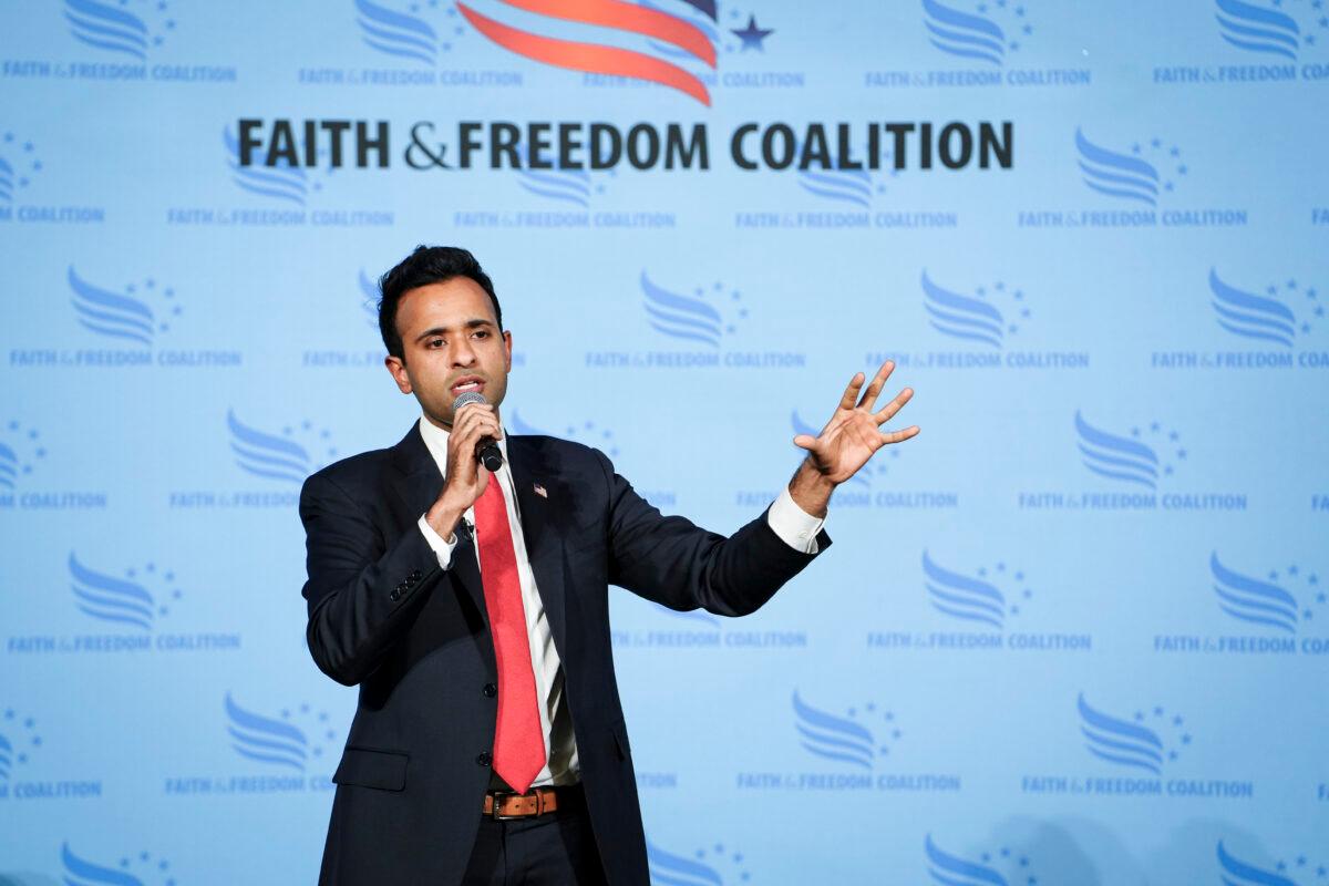 Republican presidential candidate Vivek Ramaswamy speaks at the Iowa Faith & Freedom Coalition in Clive, Iowa, on April 22, 2023. (Madalina Vasiliu/The Epoch Times)