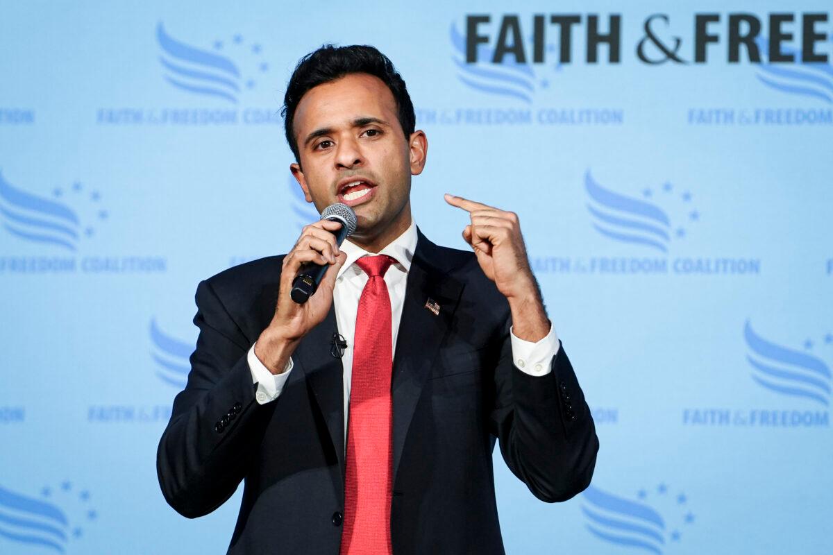 Republican presidential candidate Vivek Ramaswamy speaks at the Iowa Faith & Freedom Coalition in Clive, Iowa, on April 22, 2023. (Madalina Vasiliu/The Epoch Times)