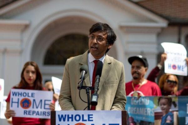 State Sen. Nikil Saval speaks in Lancaster, Pa., at a rally promoting more funding for Pennsylvania’s new Whole-Home Repairs Program on April 21, 2023. (Courtesy of Saval's staff)