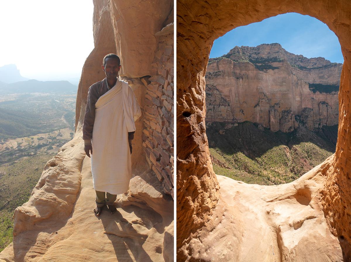 (Left) A monastic greets visitors at the end of a narrow lip that leads to the church's entrance; (Right) Looking out upon the valley far below from the entrance to Abuna Yemata Guh. Left: (<a href="https://commons.wikimedia.org/wiki/File:Ethiopia_Gheralta_MonkStanding.JPG">Charliefleurene</a>/CC BY 4.0); Right: (Felix Friebe/Shutterstock)