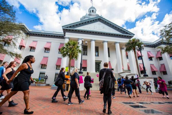 Pro-abortion advocates march to the Florida Capitol in Tallahassee to protest a bill before the Florida Legislature to limit abortions, on Feb. 16, 2022. (Mark Wallheiser/Getty Images)