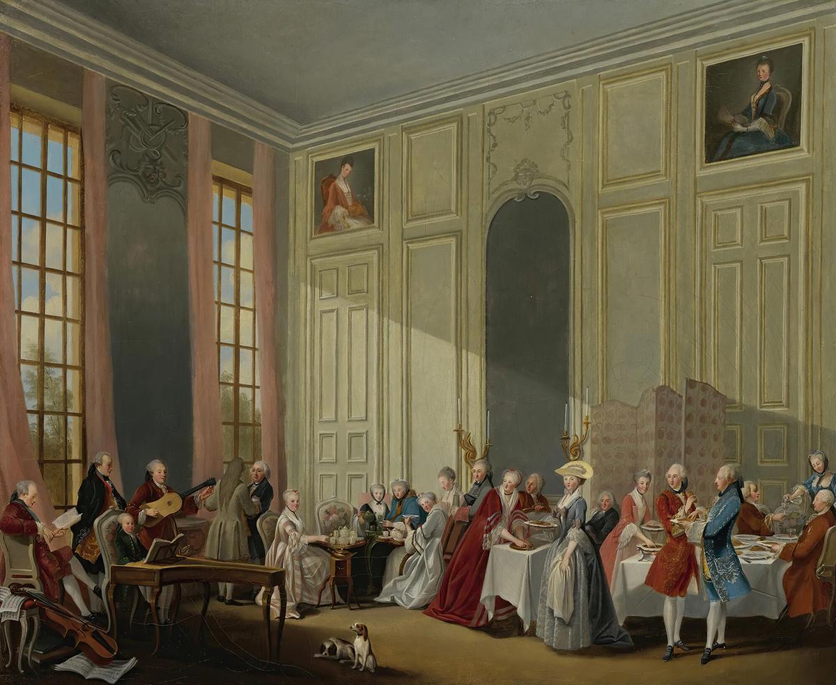 "Mozart Giving a Concert in the Salon des Quatre-Glaces at the Palais du Temple in the Court of the Prince De Conti," 1770, by Michel-Barthélémy Ollivier. Oil on canvas. Palace of Versailles, France. (Public Domain)