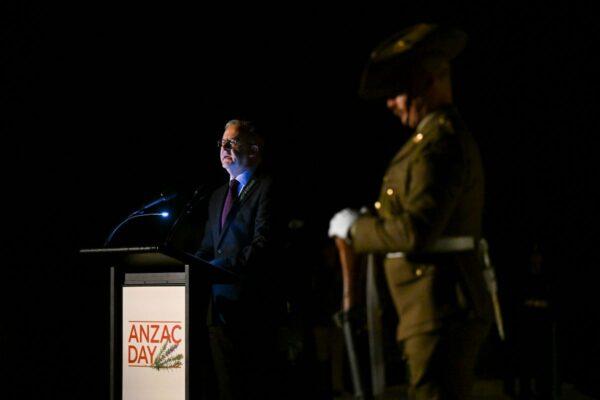 Australian Prime Minister Anthony Albanese delivers a speech during ANZAC Day commemorations at the Australian War Memorial, Canberra, Tuesday, April 25, 2023. (AAP Image/Lukas Coch)