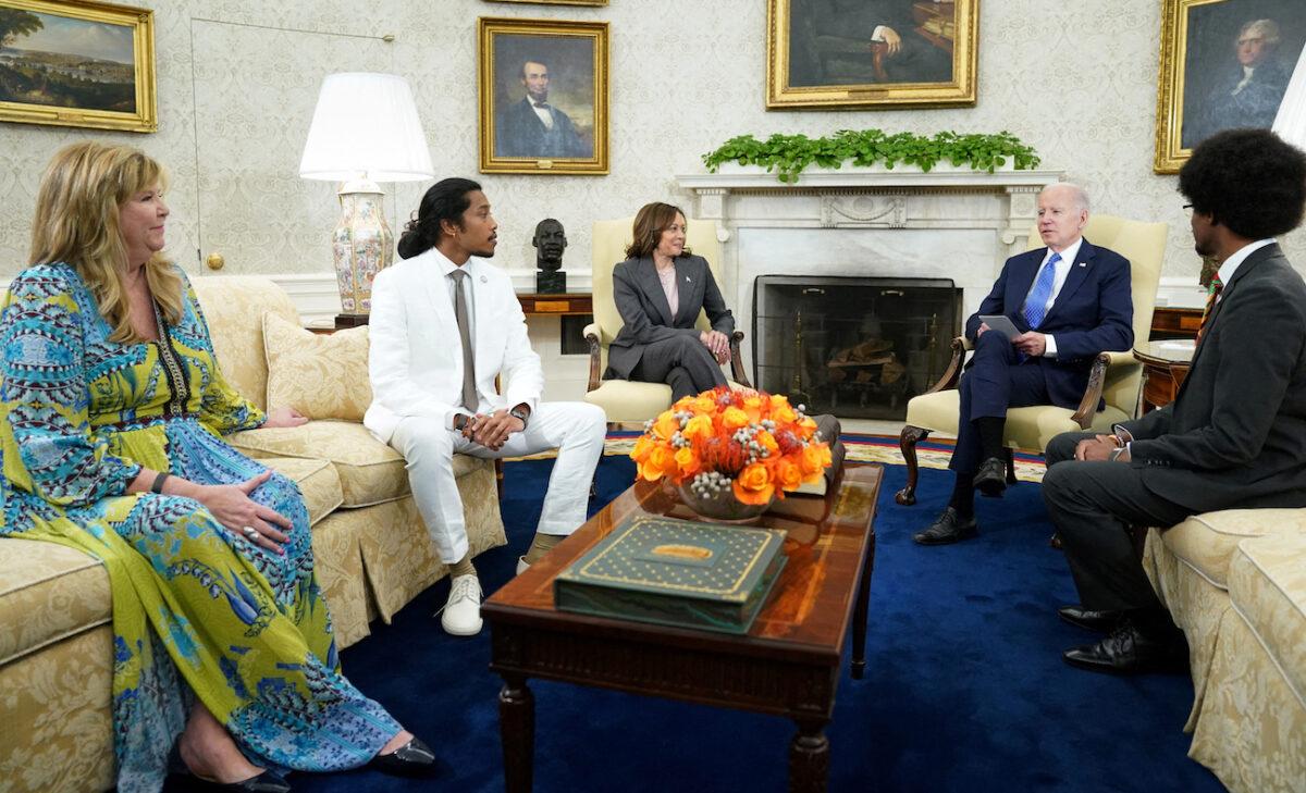 President Joe Biden and Vice President Kamala Harris meet with Tennessee state representatives, Justin Jones and Justin Pearson, who faced expulsion over their participation in gun control protests, and Gloria Johnson, who retained her seat, in the Oval Office of the White House in Washington, on April 24, 2023. (Kevin Lamarque/Reuters)