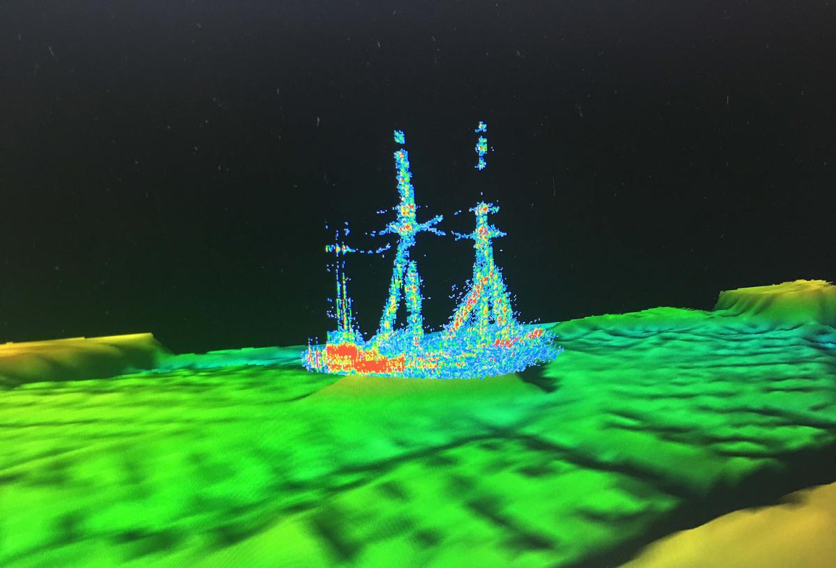 Image of the schooner barge Ironton as she sits on the lake floor today. This image is a point cloud extracted from water column returns from multibeam sonar. (Courtesy of Ocean Exploration Trust/NOAA Thunder Bay National Marine Sanctuary)