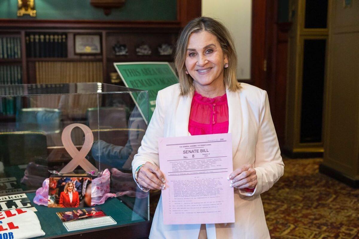 Pennsylvania state Sen. Kim Ward poses with a copy of Senate Bill 8 in the Pennsylvania Senate Library in this undated photo. (Courtesy of Sen. Kim Ward)