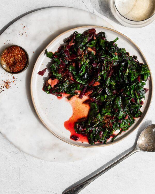 Braise any leftover beet or radish greens with garlic to make a tasty side dish. (Jennifer McGruther)