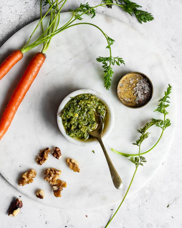 Make a delicious pesto out of carrot tops that can be drizzled over pasta, roasted carrots, or your finger food of choice. (Jennifer McGruther)