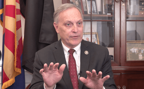 Rep. Andy Biggs (R-Ariz.) speaks with a reporter in Washington on April 25, 2023. (Courtesy NTD)