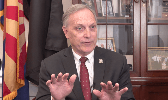 Rep. Andy Biggs (R-Ariz.) speaks with a reporter in Washington on April 25, 2023. (Courtesy NTD)