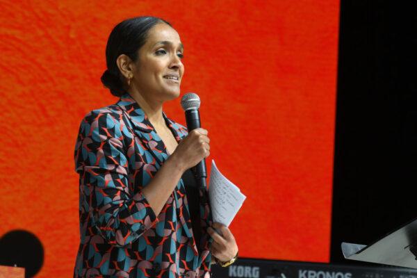 Nithya Raman speaks during a celebration of life for the mountain lion P-22 at The Greek Theatre in Los Angeles on Feb. 4, 2023. (JC Olivera/Getty Images for the National Wildlife Federation)