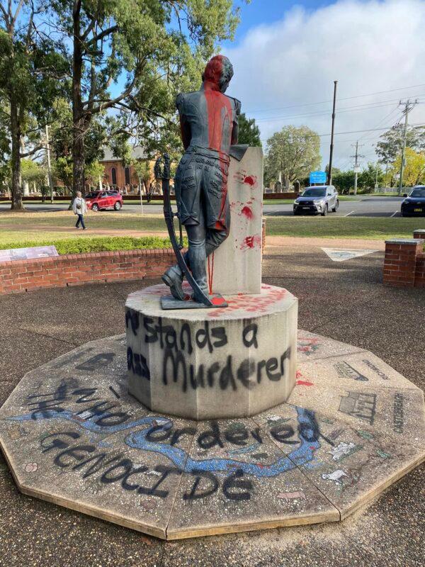 A statue of Lachlan Macquarie in Sydney's Windsor is seen defaced on April 25, 2023. (Courtesy of Angels Florist/Facebook)