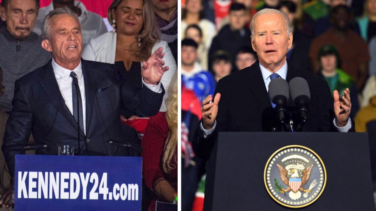 Robert F. Kennedy Jr. (L) speaks during a campaign event to launch his 2024 presidential bid at the Boston Park Plaza in Boston, Mass., on April 19, 2023. (Joseph Prezioso/AFP via Getty Images); President Joe Biden (R) speaks to the crowd during a celebration event at St. Muredach's Cathedral in Ballina, Ireland, on April 14, 2023. (Leon Neal/Getty Images)