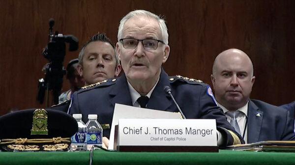 U.S. Capitol Police Chief J. Thomas Manger testifies before a Senate committee on his request for a $106 million budget increase on April 25, 2023. (U.S. Senate Video/Screenshot via The Epoch Times)