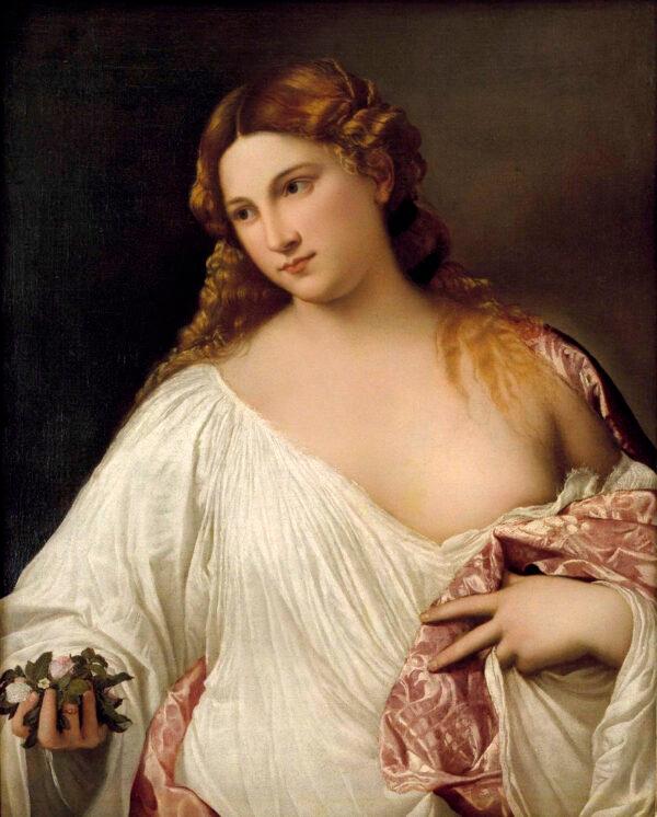 "Flora," circa 1515, by Titian. Oil on canvas; 31 1/8 inches by 24 3/4 inches. The Uffizi Gallery, Florence, Italy. (Public Domain)