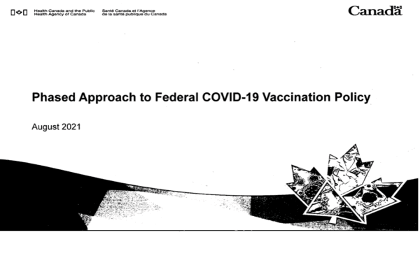 The cover page of a briefing document prepared by Health Canada and the Public Health Agency of Canada, dated August 2021. (Screenshot The Epoch Times)