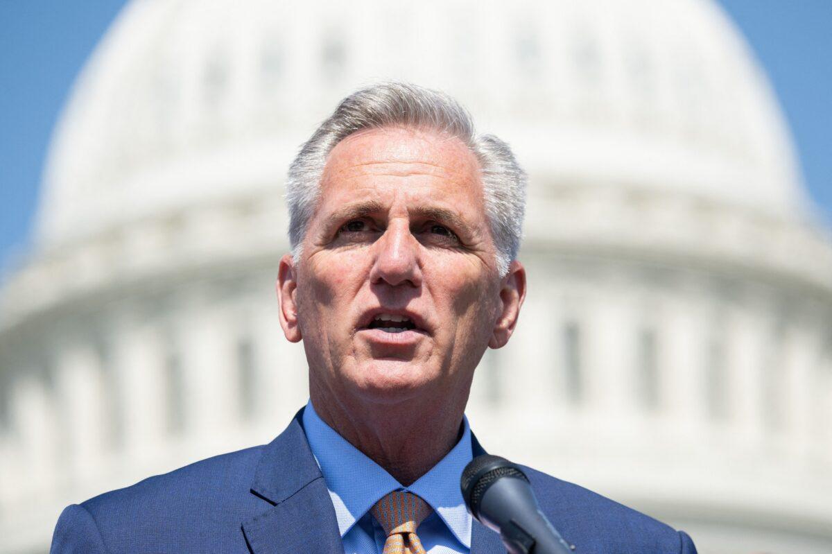 House Speaker Kevin McCarthy (R-Calif.) speaks following the passage of the "The Protection of Women and Girls in Sports Act," by the House, outside the U.S. Capitol in Washington on April 20, 2023. (Saul Loeb/AFP via Getty Images)