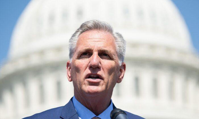 Speaker of the House Kevin McCarthy (R-Calif.) speaks outside the U.S. Capitol on April 20, 2023. (Saul Loeb/AFP via Getty Images)
