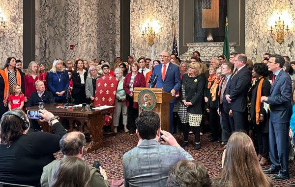 Washington Gov. Jay Inslee speaks after signing into law a ban on certain types of semi-automatic weapons. (Courtesy of the Washington State Governor's Office)