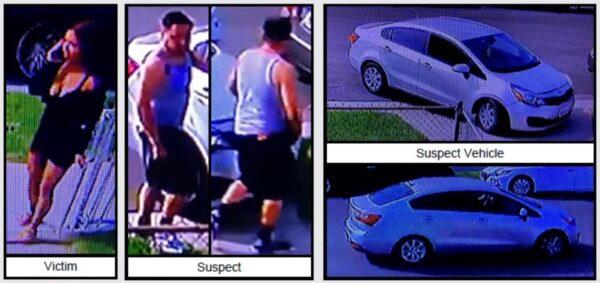 The victim (L), suspect (C), and suspect's vehicle was caught on surveillance video in Commerce, Calif., on April 25, 2023. (Courtesy of Los Angeles County Sheriff's Department)