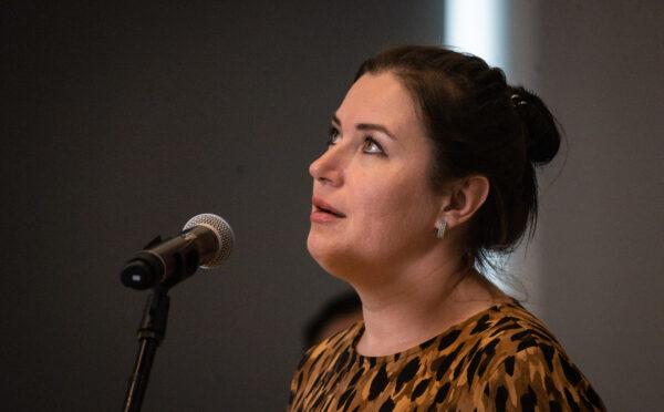 Iryna Sobiania, a Ukrainian refugee, speaks about the help she received in Santa Ana, Calif., on April 26, 2023. (John Fredricks/The Epoch Times)
